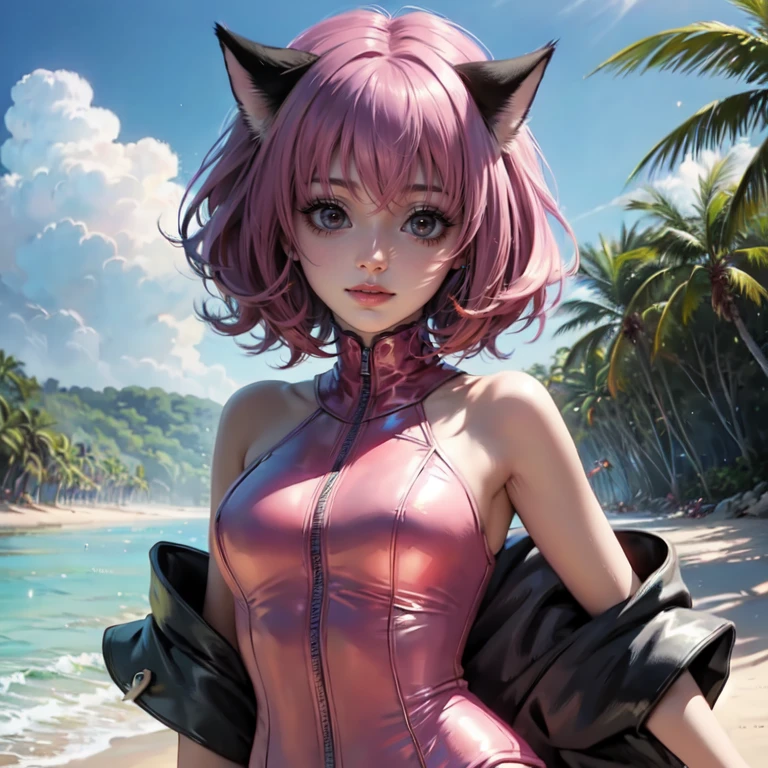 Ninomae Ina'nis, VTuber, 1 girl, ornament hair, swim suit, gloves, wave hair, medium hair, beach scene, sea on focus, white swim suit, cape, more details on her clothes, sea, night, smiling, ornament hair, long hair, palm trees, Looking at the viewer, flowing hair,  Beautiful Eyes, Plump and glossy lips, white swim suit with too many frills, beach, beach scenery, sparkle, solo, centered girl, cowboy shot, perfectly body, perfectly hands, two arms, two legs, two hands, five fingers, perfect anatomy, glowing hair, cat ears, beach scene, upper body portrait 