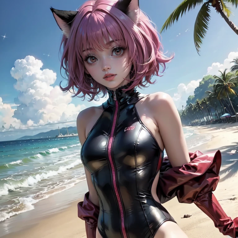 Ninomae Ina'nis, VTuber, 1 girl, ornament hair, swim suit, gloves, wave hair, medium hair, beach scene, sea on focus, white swim suit, cape, more details on her clothes, sea, night, smiling, ornament hair, long hair, palm trees, Looking at the viewer, flowing hair, Beautiful Eyes, Plump and glossy lips, white swim suit with too many frills, beach, beach scenery, sparkle, solo, centered girl, cowboy shot, perfectly body, perfectly hands, two arms, two legs, two hands, five fingers, perfect anatomy, glowing hair, cat ears, beach scene, upper body portrait