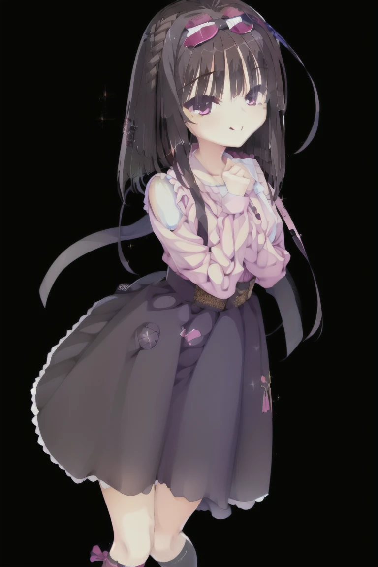 1girl,smiling,bangs,brown_hair,独奏,black_hair,closed_eyes,short_hair,lips,pink_blouse,black_skirt,Thigh-high socks,jirai_fashion,Character portrait, whole body, expensive_solve, clear_image, expensive_Contrast, 8K, Sparkling, beautiful_detailed_face_and_eye, (Brown Hair:1.25), 白 eye,Black background,full body, Character portrait, whole body, expensive_solve, clear_image, expensive_Contrast, 8K, Sparkling, beautiful_detailed_face_and_eye, (Black Hair:1.25), 白 eye,Black background