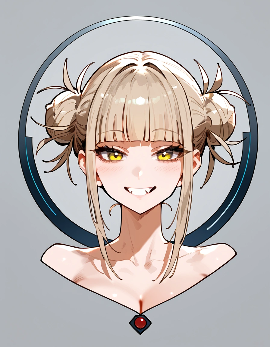 anime artwork, score_9, score_8_up, score_7_up, score_6_up, score_5_up, score_4_up, floox style //////Himiko toga, big breasts, she is 24 years old, style_3, , , , ,, yellow eyes, , nue, grey background, ,,smile, full body