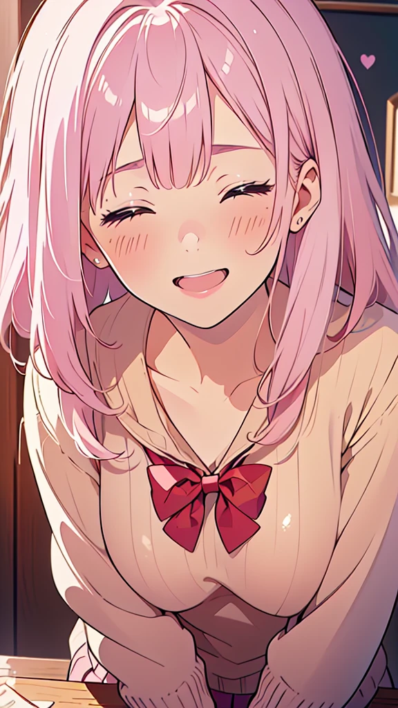 8k,(High quality:1.4),(best quality:1.4),(masterpiece:1.4),(huge breasts:1),(beautiful face:1.3),(beautiful woman:1.3),(pale pink hair:1.4),medium hair,a mole around the mouth,(enjoy:1.6),(closed eyes:1),(laugh:1.2),(burst into laughter:1.4), (squinting:1.2)(school uniform:1.1),(beige sweater:1.2),(close-up:1.2),a red bow tie,(leaning forward:1.2)