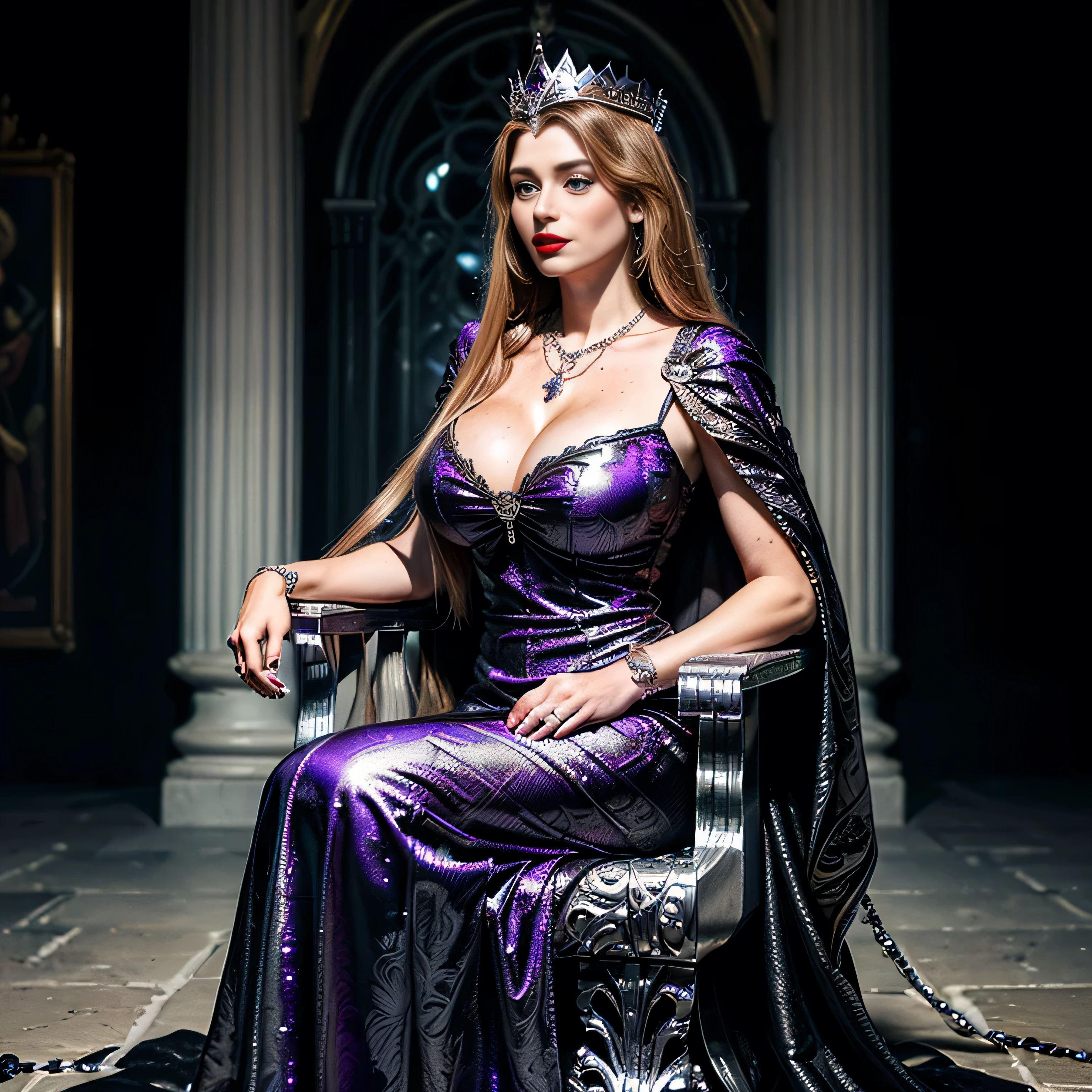 ((masterpiece, photorealistic:1.4, extremely intricate:1.3, photon mapping, radiosity, physically based rendering, ultra resolution, hyper-realistic, photorealistic:1.4, hyper-realistic, 8K)), ((solo athletic age supermodel, (satisfied, serious, aloof, ((([large breasts:huge breasts:0.5])) fantasy purple etched brocade elegant dress, black cape, ((queen))), necklace, Makeup:1.0, red lips, (((long straight hair))) [blonde hair:dark hair:0.5], [skin detail:freckles:0.7]))), fujicolor, ((she sits on a black chrome throne)) in a medieval castle throne room
