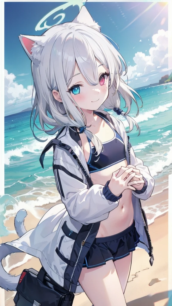 Racing swimwear，White hair，Long hair，Cat ear，Heterochromia blue-yellow，Smile，Female face，There are bright spots in the eyes，Female hands，White little hands，Normal fingers，flat chest，Solitary，Summer，Beach，Halo