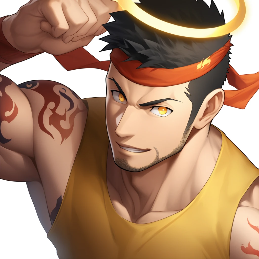 anime characters:Gyee, priapus, 1 young muscular man, male focus, Flame tattoo, sports Red headband, Dark Yellow spandex tight tank top, muscular male, muscular, only, Upper body, alone, Black short hair, Thick eyebrows, stubble, Yellow eyes, White background, simple background, amazing quality, best aesthetics, Ridiculous, bright pupils, crew cut, naughty face, torogao, parted lips, halo, god rays, best quality