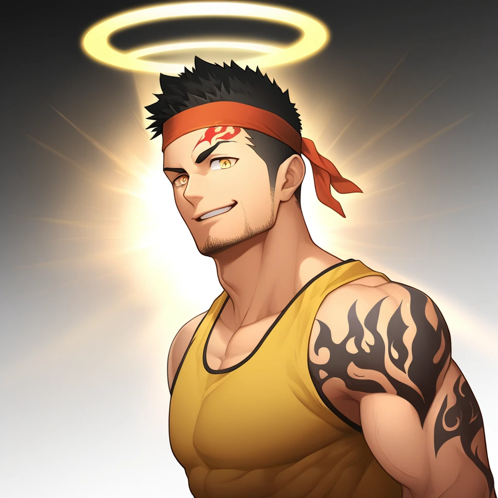 anime characters：Gyee, priapus, 1 young muscular man, male focus, Flame tattoo, sports Red headband, Dark Yellow spandex tight tank top, muscular male, muscular, only, Upper body, alone, Black short hair, Thick eyebrows, stubble, Yellow eyes, White background, simple background, amazing quality, best aesthetics, Ridiculous, bright pupils, crew cut, naughty face, torogao, parted lips, halo, god rays, best quality