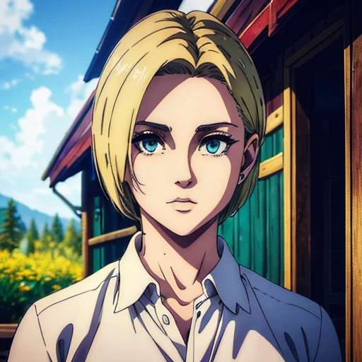 best quality,4k,8k,highres,masterpiece:1.2),ultra-detailed,(realistic,photorealistic,photo-realistic:1.37), a female character with diamond-shaped face, mappa art style, small and sharp blue almond-shaped eyes with positive canthal tilt , she has short hair well styled, her hair color is blonde, she looks beautiful, she is fair, she is wearing white shirt , vibrant color, behind her a cabin