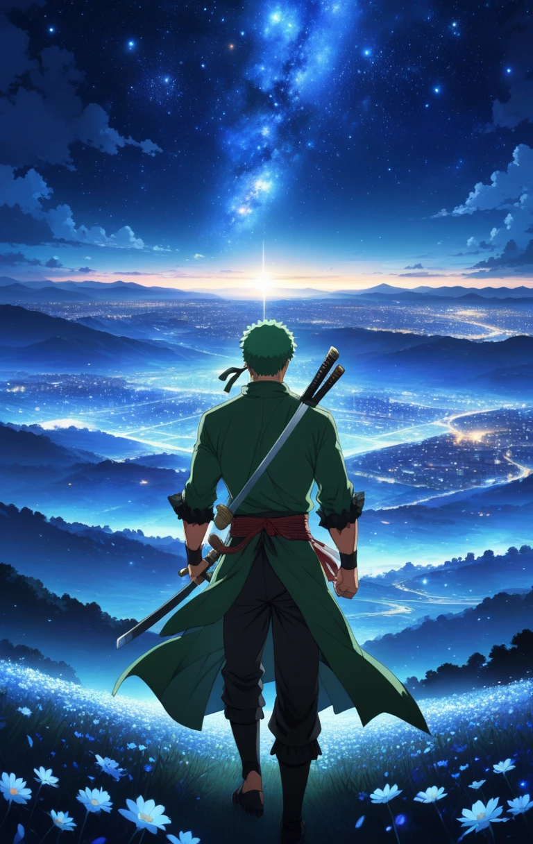 anime screencap from studio ufotable Roronoa Zoro, night, blue light behind him, ((Galaxy, Lens flare)), flower field, night sky, cinematic shot. Wallpaper. (Blue color schema), detailed background, a city in the distance
