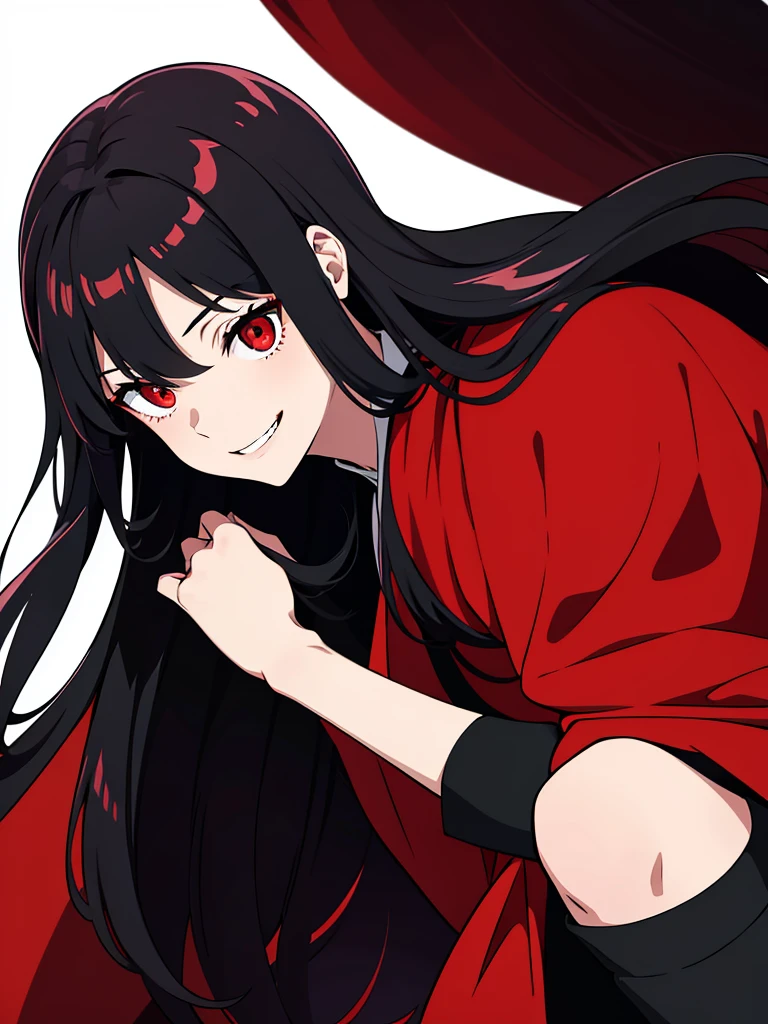 male、Black long hair、Red Eyes、Black and red coat、vampire、squat、White background、Bloody、Fearless smile