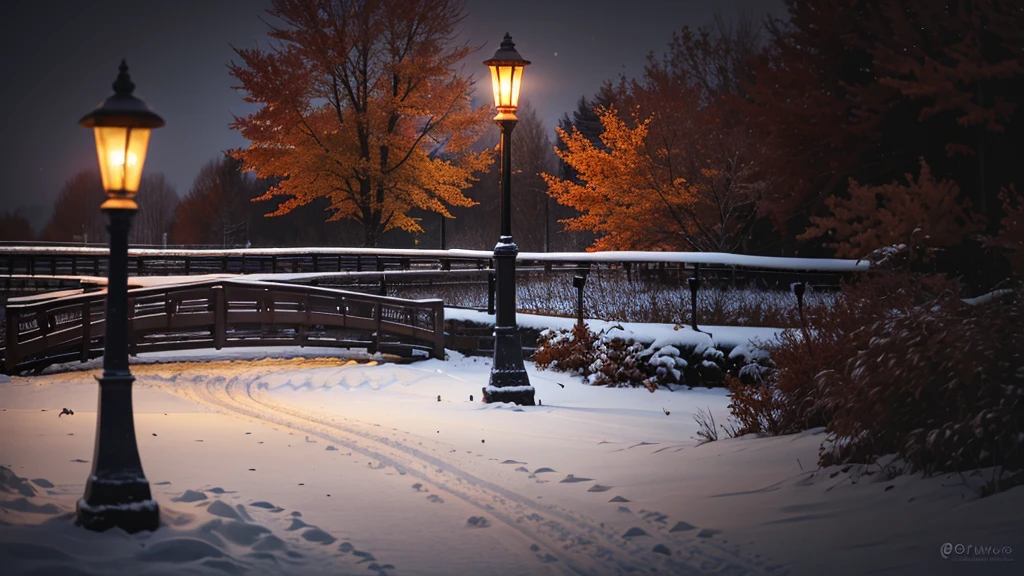 (Photo RAW),(autumn,Snow scene with bridge and street lamp:1.3),(Abstract texture background:1.2),masterpiece, Highest quality, Highest quality, Official Art,Most detailed,Depth of written boundary,Bokeh,Atmospheric lighting, Structure of the film,Complex multiple subjects, 4k HDR, (Intricate details),(Ultra-detailed:1.15),Microcontrast, Sharp detail elements, dusty atmospheric haze, High quality material texture, Volume Texture, Coating Texture, metal texture