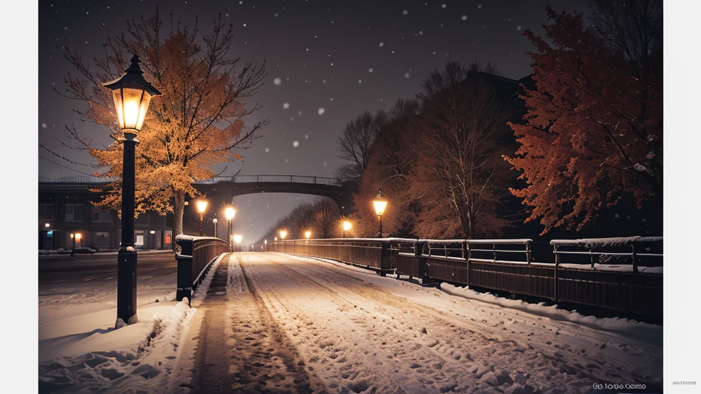 (Photo RAW),(autumn,Snow scene with bridge and street lamp:1.3),(Abstract texture background:1.2),masterpiece, Highest quality, Highest quality, Official Art,Most detailed,Depth of written boundary,Bokeh,Atmospheric lighting, Structure of the film,Complex multiple subjects, 4k HDR, (Intricate details),(Ultra-detailed:1.15),Microcontrast, Sharp detail elements, dusty atmospheric haze, High quality material texture, Volume Texture, Coating Texture, metal texture