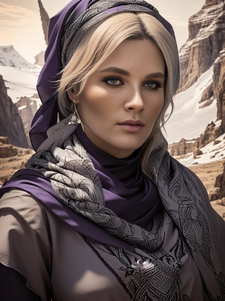 a portrait of a fierce 60 year Viking woman priestess, (head scarf),embodying bravery and resilience in a rugged landscape