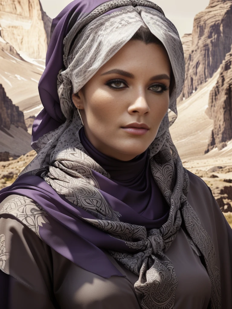 a portrait of a fierce 60 year Viking woman priestess, (head scarf),embodying bravery and resilience in a rugged landscape