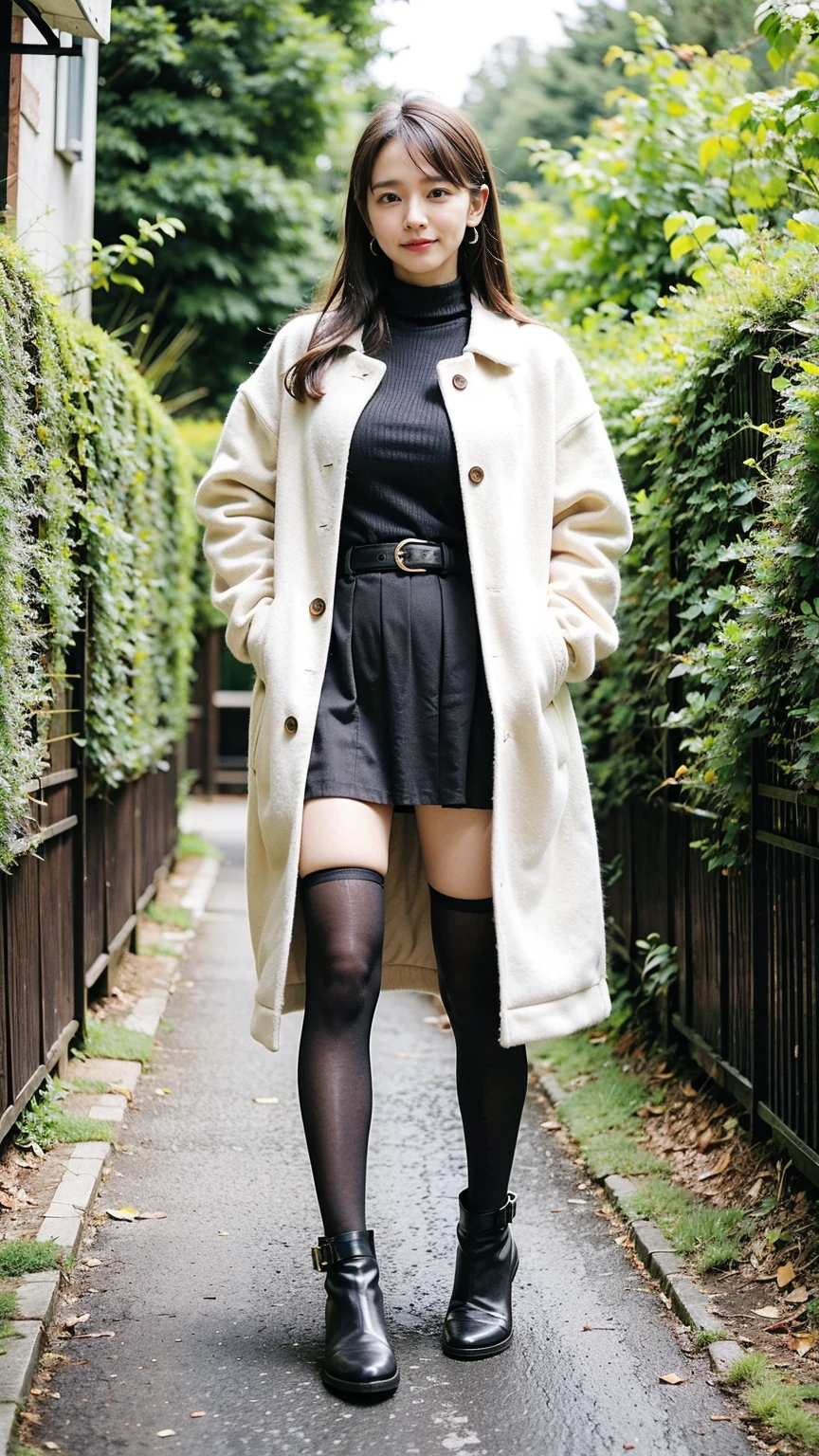 (8K、RAW Photos、Highest quality、masterpiece:1.2)、(Realistic、Realistic)、1 Girl、((mini skirt、smile、coat、black、Thin legs、whole body、boots、one piece、tights、garden、View from the front、Looking into the camera、belt、Stand with hands on hips))、cute