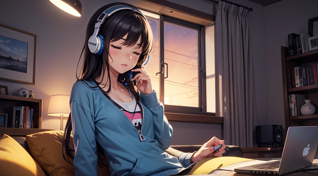 Girl with headphones enjoying music in a home I am studying Emphasize a little bit of the big chest Looking towards me with eyes closed Night Background