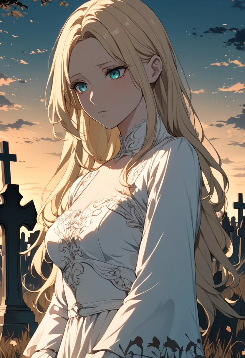 ((Highest quality)), ((masterpiece)), (detailed), ((Perfect Face)),euphilia,A beautiful anime girl with long blonde hair and dark turquoise eyes, wearing a white dress.At a graveyard, Mourning, Dusk, sparse, Low angle shot, Dim and somber, Character's expression, Rough, melancholic, anime style, attractive anime, pixiv fan art