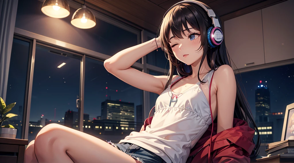 Girl with headphones enjoying music in a home I am studying Emphasize a little bit of the big chest Looking towards me with eyes closed Night Background