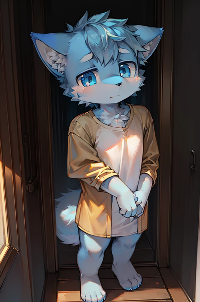 Bright eyes, panorama, character focus. (Detailed background: 0.7), Furry, Furry male, Male focus, (Full body fur, Big fluffy tail, Light blue fur, Yellow eyes, White hair: 1.2), (Canine, Shota, Bell: 1.2), (Interior, morning, bedroom, bed: 1.1), (White socks, white panties, boxer panties: 1.2)