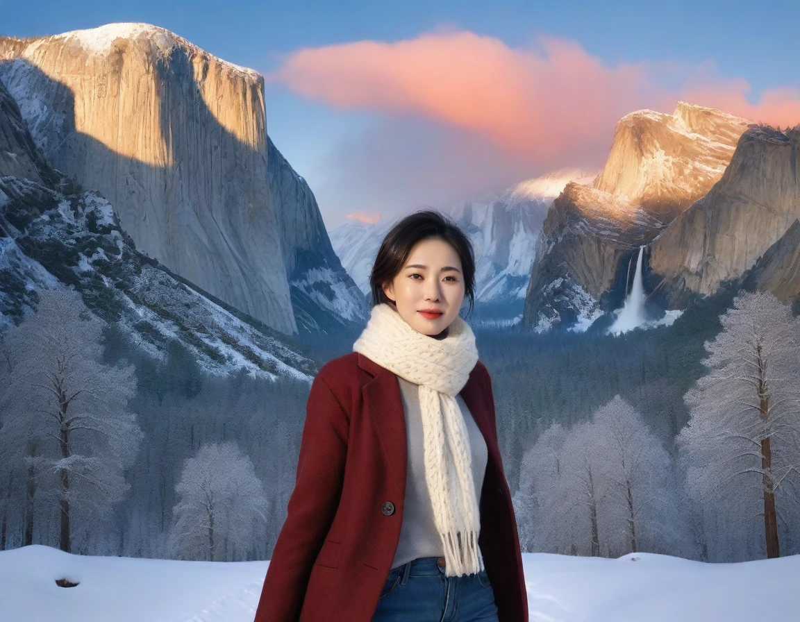 k Best picture quality, Beautiful 36-year-old Korean woman, short and good weather. Chest size 34 inches, Yosemite National Park covered in snow, USA , Red sunrise scene, Picture quality that makes the background vivid and realistic, Short and medium hair blowing in the wind, Wearing a thick coat, thick scarf, jeans and a cardigan, Faint smile. The background is clear, Short and slim Korean woman, Standing in the distance, photographed with a wide-angle lens, full body shot