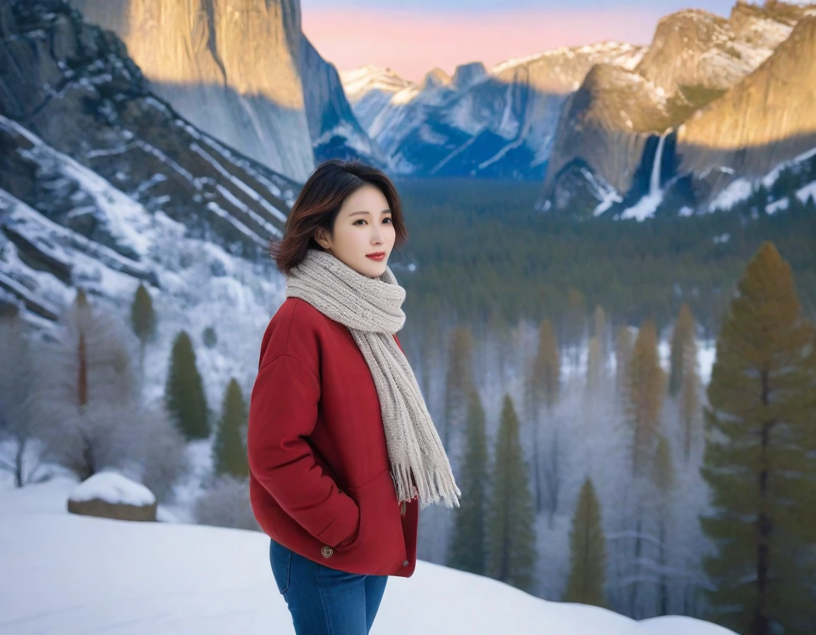 k Best picture quality, Beautiful 36-year-old Korean woman, short and good weather. Chest size 34 inches, Yosemite National Park covered in snow, USA , Red sunrise scene, Picture quality that makes the background vivid and realistic, Short and medium hair blowing in the wind, Wearing a thick coat, thick scarf, jeans and a cardigan, Faint smile. The background is clear, Short and slim Korean woman, Standing in the distance, photographed with a wide-angle lens, full body shot