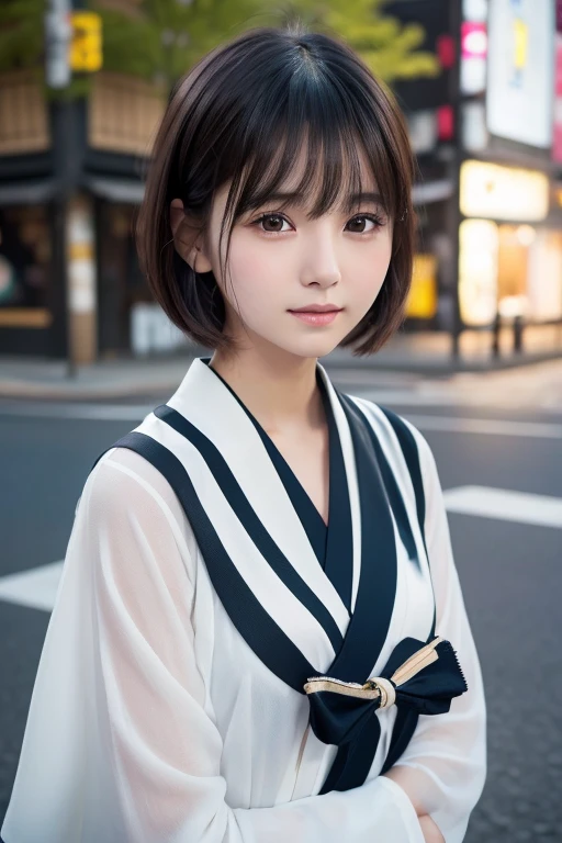 girl, White skin, Dark brown layered short hair, V-Cut，Well organized，Has bangs, Brown eyes, Soft atmosphere characteristics (最got it品質, Ultra-high resolution, 8K, Original photo, Ultra-high resolution: 1.2, masterpiece: 1.2), (Actual, Actual: 1.37), Very detailed, Professional Lighting, Photon Mapping, Wireless City, Physically Based Rendering, Japanese, ２人girl, ２one people, Black Hair, Lovely, got it, Lovely, A faint smile, Normal chest,yukata,