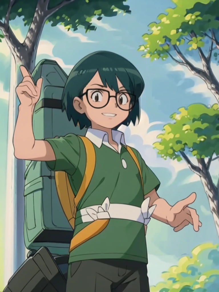 Max, solo, looking at viewer, shirt, 1boy, upper body, short sleeves, male focus, outdoors, teeth, collared shirt, bag, tree, backpack, , black-framed eyewear, green shirt, male childt,smile