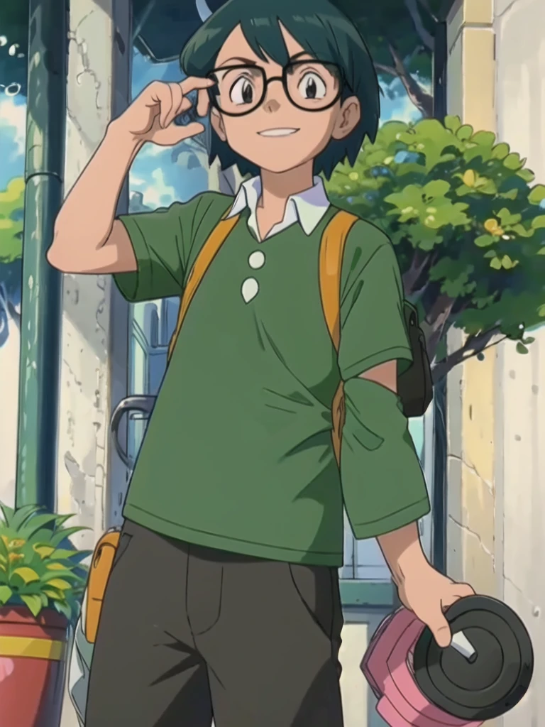 Max, solo, looking at viewer, shirt, 1boy, upper body, short sleeves, male focus, outdoors, teeth, collared shirt, bag, tree, backpack, , black-framed eyewear, green shirt, male childt,smile