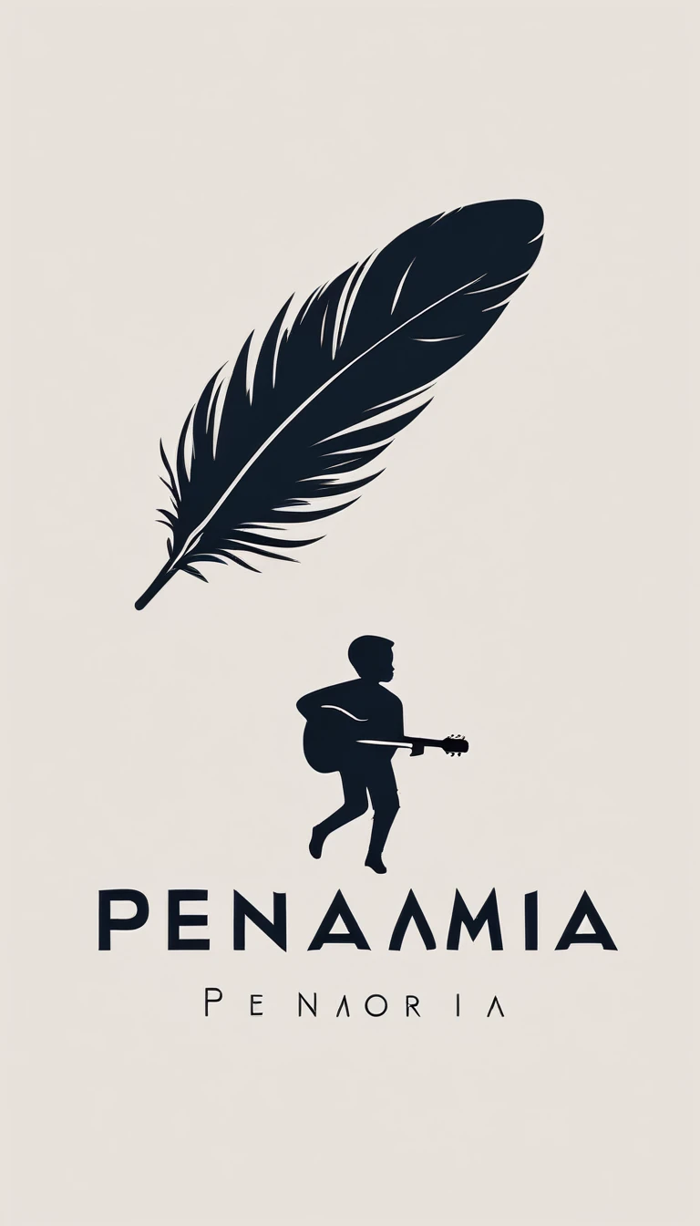 A minimal, modern, simple, cinematic logotype for the brand “Penamemoria". The logotype must be a simple, magical feather and a boy playing acoustic guitar. The logo must convey a sense of music, stories and dreams. Logo design impressed on a book cover. Minimalistic logo