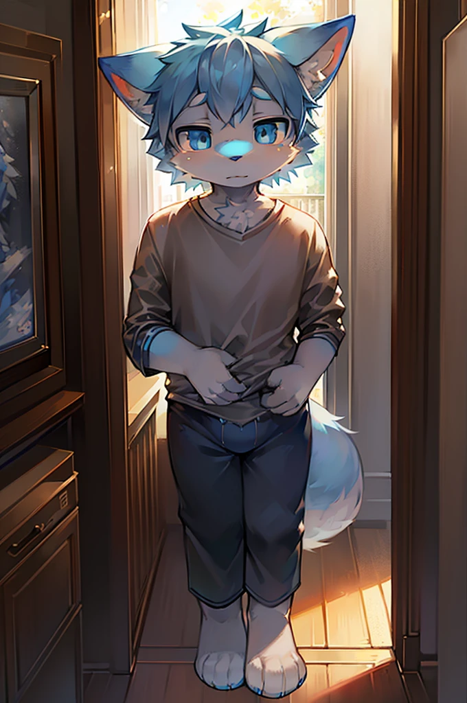 Normal scenario (Furry light blue fox boy), Standing,Facing the camera, ((Melancholy, Detailed face, Clear big eyes,blue eyes,Meticulous attention to detail)), Natural and soft lighting, 8K, SF Express, Autumn Light , peaceful , (Fluffy Paws), Front view,Wearing a shirt