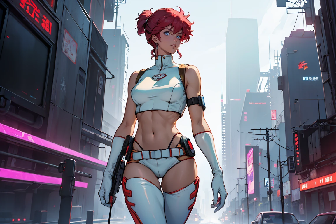 ((Masterpiece, of the highest quality; 1.3)), super quality, Beautiful detail, super detailed, extra fine, 16k, exquisite, absurd, high resolution, beautiful background, detailed background, pretty eyes, Beautiful skin, animated style, Kay from Dirty Pair in a white outfit, tight suit, neckline, bushy redhead beauty, very light blue uniform, wearing tight clothing, scarce, (Half chest: 1.2), neckline, neckline, thin waist , thin waist, thin thighs, thin legs, thin legs. thigh gap, showing stomach, Skinny, thin hips, cyberpunk city background, retro space gun holding, sale, 