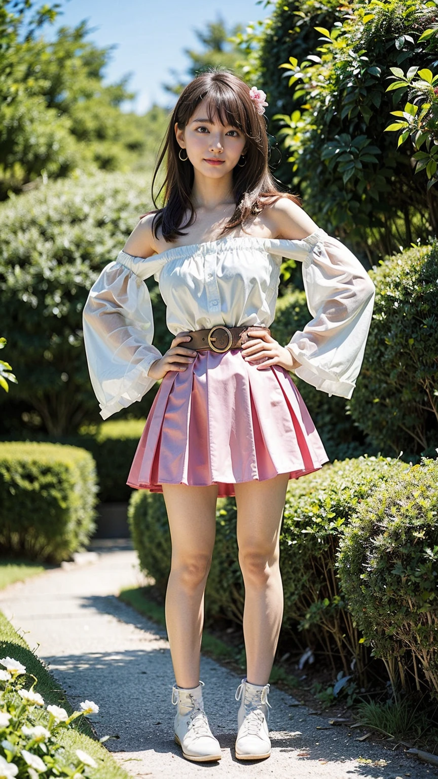(8K、RAW Photos、Highest quality、masterpiece:1.2)、(Realistic、Realistic)、1 Girl、((mini skirt、smile、White and pink、Belly button、Thin legs、whole body、boots、Clothes with ribbons、Anime Costumes、Chest ribbon、Off the shoulder、See-through、Frills、garden、View from the front、Ribbon on chest、Looking into the camera、belt、Stand with hands on hips))、
