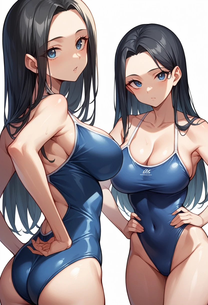 masterpiece,Highest quality,High resolution,shape,Very detailed,8k CG wallpaper,One Girl,Ray Tracing,Beautiful breasts,Long black hair, Navy blue oversized swimsuit,White background,Her butt is facing me,My forehead is sticking out,Hands on hips,Looking up