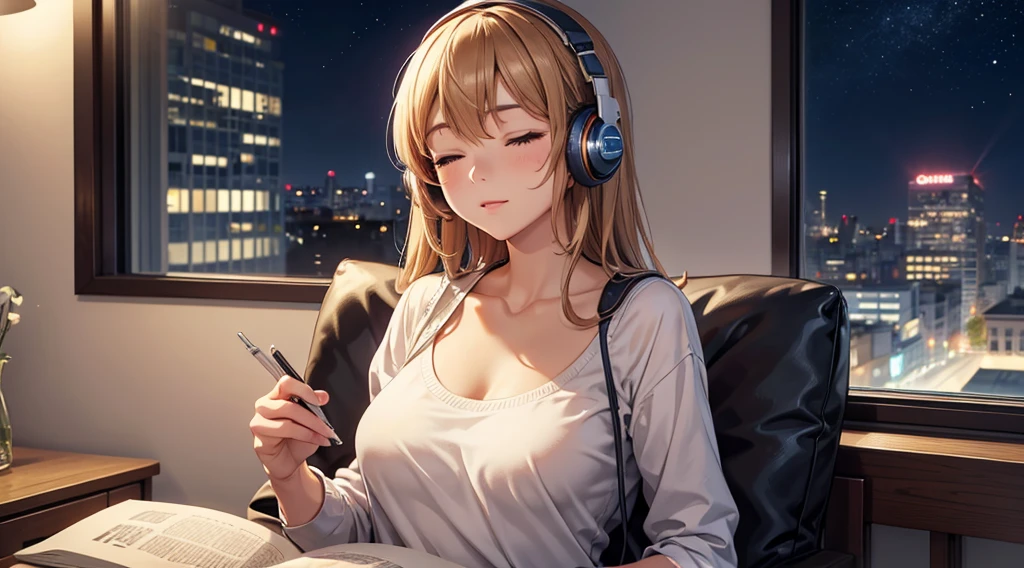 Girl with headphones enjoying music in a home I am studying Emphasize a little bit of the big chest Looking towards me with eyes closed Night Background