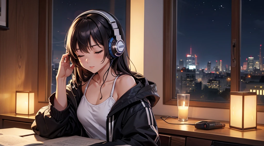 Girl with headphones enjoying music in a home　I am studying　Emphasize a little bit of the big chest　Looking towards me with eyes closed　Night Background