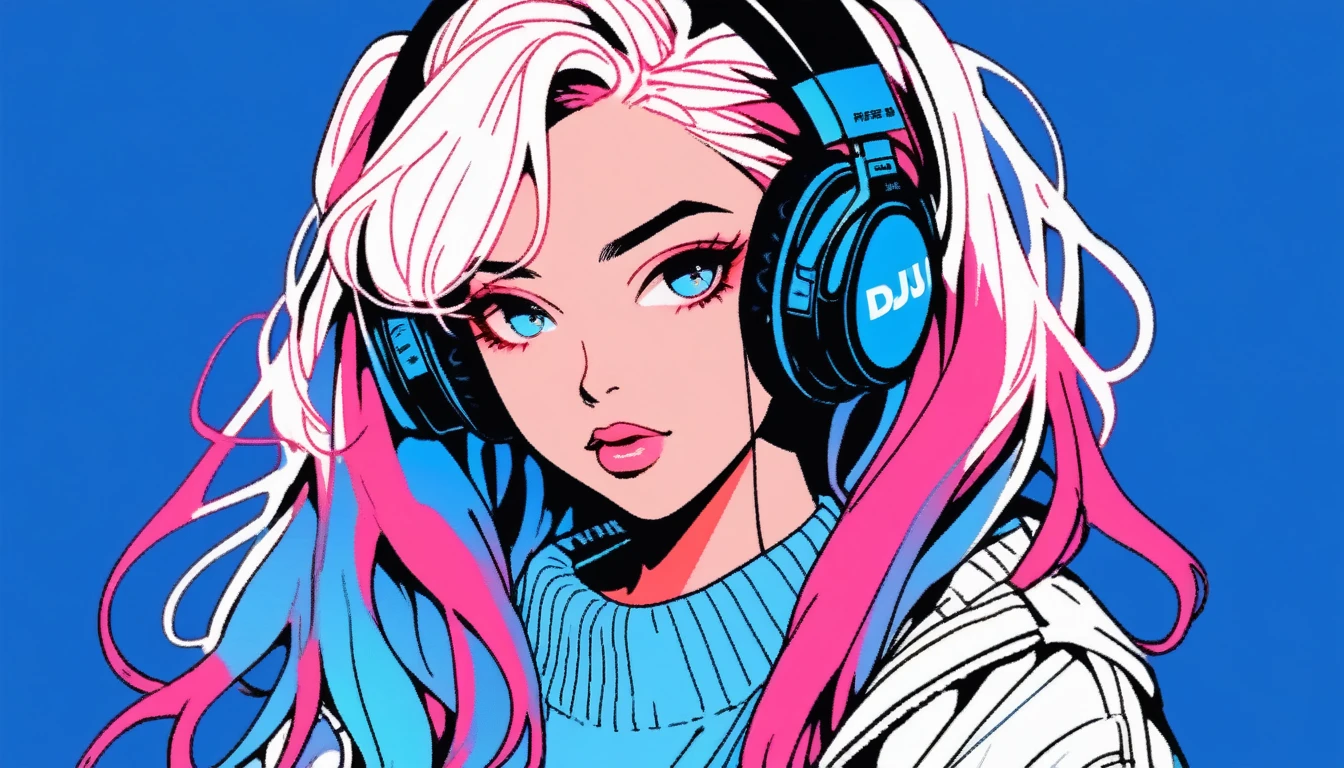 Illustration Style, anime , Realistic ,sketch , 1 Girl, ,lip, sweater,order, Blue gradient background, Neon Hair,Twin tails,Textured Crops, Canadian, (masterpiece,Highest quality),Battle DJ girl in HIPHOP fashion wearing DJ headphones,Front view , Turntablist, DJ Scratch, HIPHOP West Coast gangsta