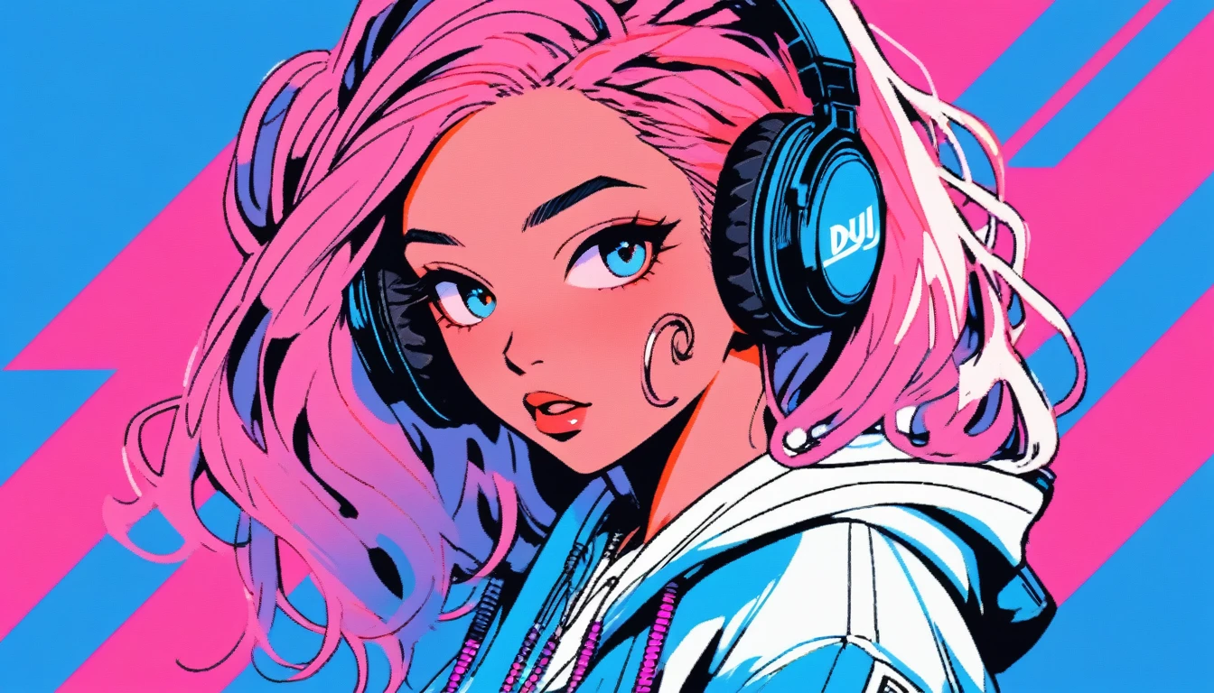 Illustration Style, anime , Realistic ,sketch , 1 Girl, ,lip, sweater,order, Blue gradient background, Neon Hair,Twin tails,Textured Crops, Canadian, (masterpiece,Highest quality),Battle DJ girl in HIPHOP fashion wearing DJ headphones,Front view , Turntablist, DJ Scratch, HIPHOP West Coast　gangsta　