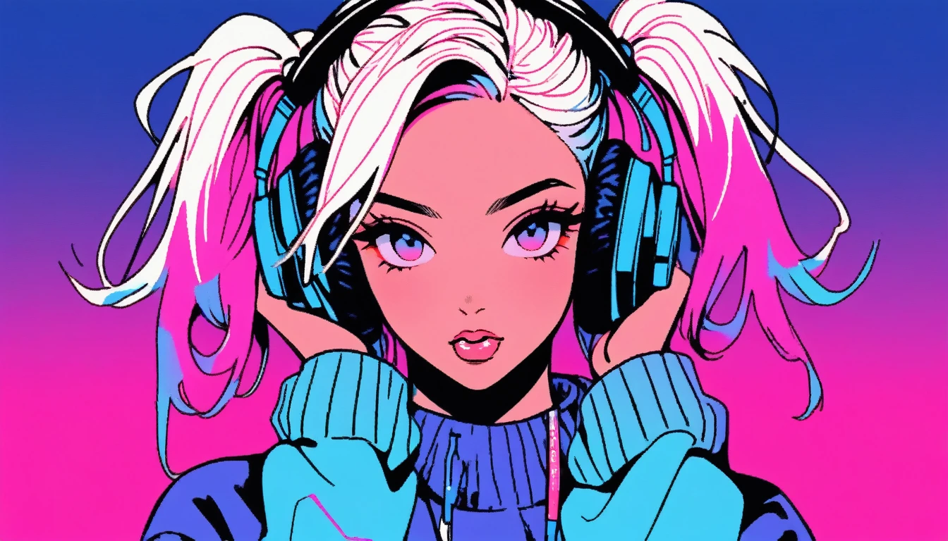 Illustration Style, anime , Realistic ,sketch , 1 Girl, ,lip, sweater,order, Blue gradient background, Neon Hair,Twin tails,Textured Crops, Canadian, (masterpiece,Highest quality),Battle DJ girl in HIPHOP fashion wearing DJ headphones,Front view , Turntablist, DJ Scratch, HIPHOP West Coast　gangsta　