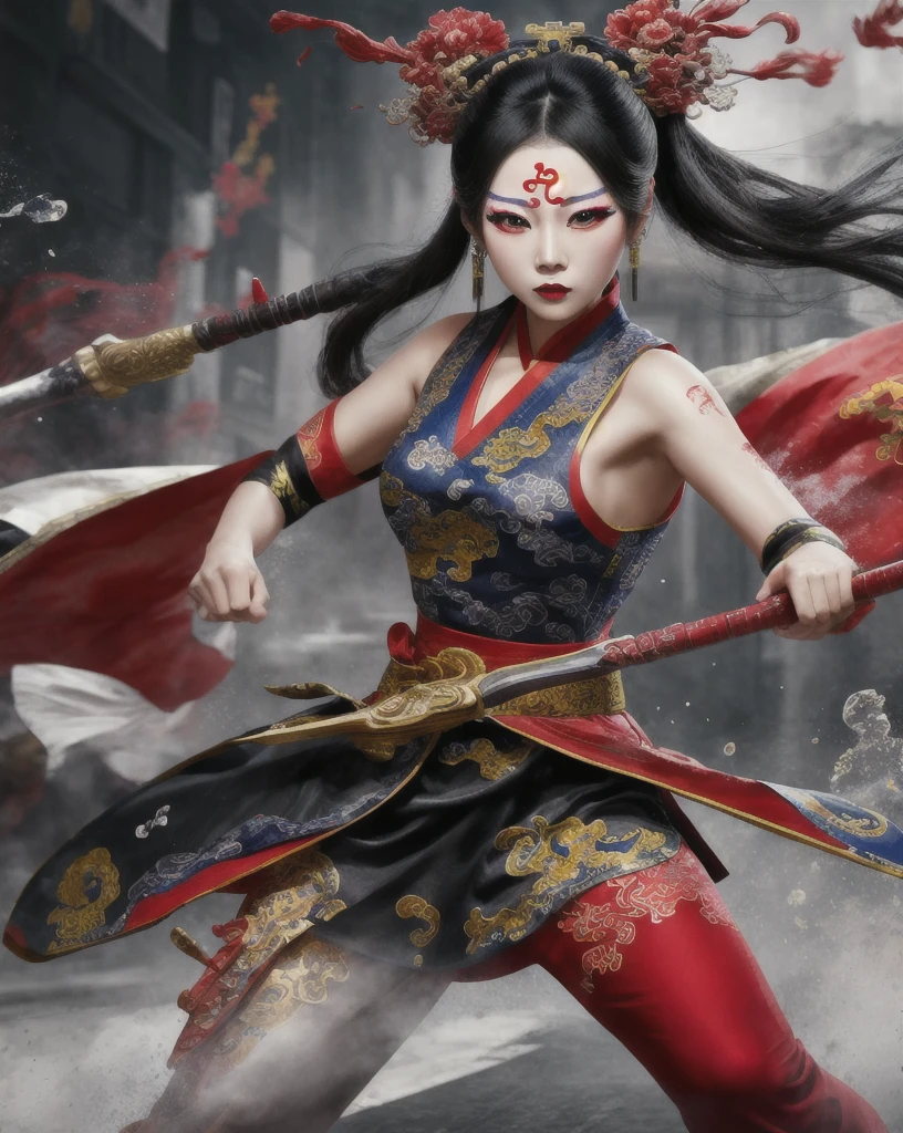 Color Ink Splashing, best quality,masterpiece,highly detailed,ultra-detailed,   beijing opera, solo, 1girl, black hair, makeup  ,fighting stance, holding weapon, portrait, 
<f