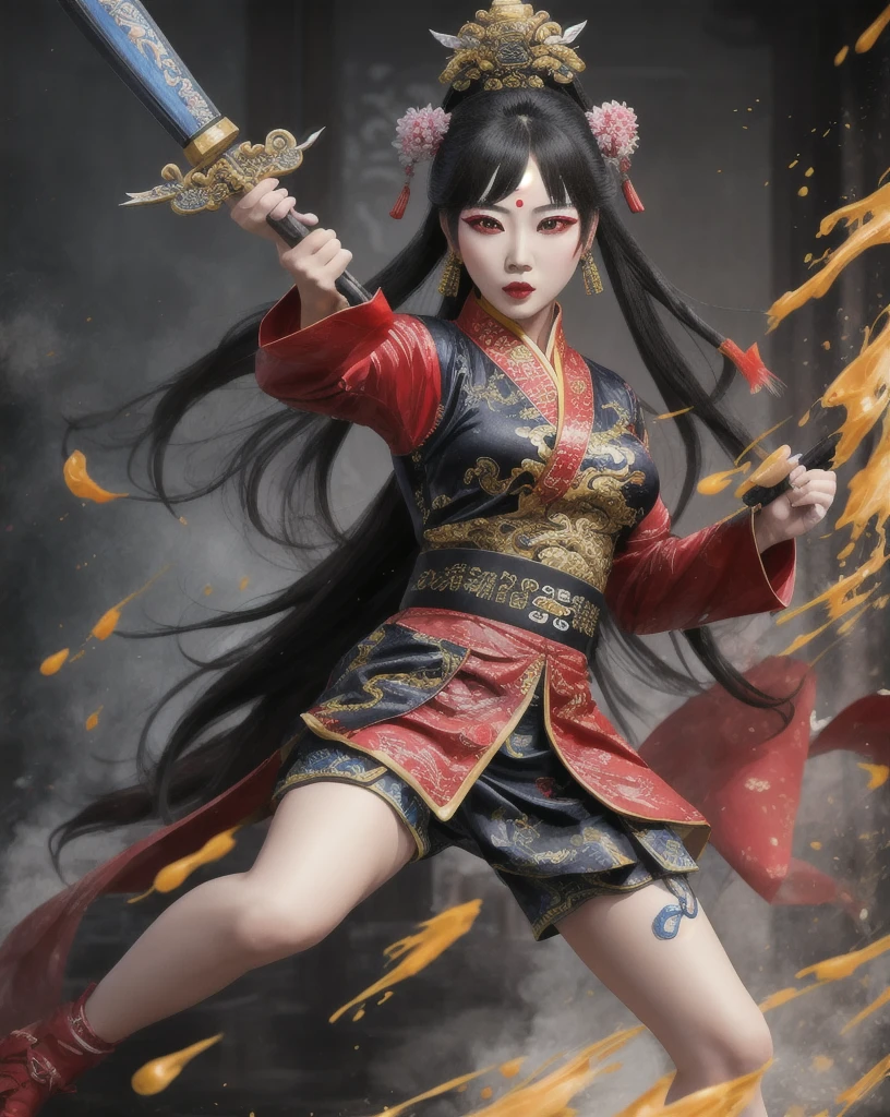 Color Ink Splashing, best quality,masterpiece,highly detailed,ultra-detailed,   beijing opera, solo, 1girl, black hair, makeup  ,fighting stance, holding weapon, portrait, 
<f