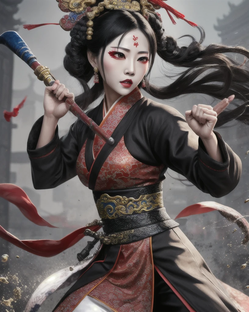 Color Ink Splashing, best quality,masterpiece,highly detailed,ultra-detailed,   beijing opera, solo, 1girl, black hair, makeup  ,fighting stance, holding weapon, portrait, 
<f