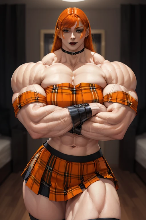 ((((Massive tall, beautiful, buff, pale white skinned muscular woman with orange hair, black lipstick, ginormous bulky muscles, crossed arms and wearing a orange plaid off-shoulder cropped top and beautiful long pleated skirt)))), (close view), (massive muscles), long shaggy hair, ((chained belt)), green eyes, choker, ((orange plaid off-shoulder cropped top)), belt, ((beautiful long pleated skirt)), thigh high socks, black boots, (at a college dorm room), closed smile, night, massive muscles