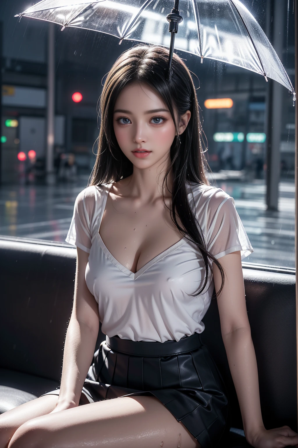 (Taking shelter from the rain in a waiting room at a lakeside park),(RAW shooting, Photorealistic:1.5, 8K, Highest画質, masterpiece, Ultra-high resolution), Perfect dynamic composition:1.2, Night Street Corner, Looking up at the sky:1.3, ((Heavy rain from a typhoon)), Highly detailed skin and face textures:1.2, 雨にWetスリムな女の子:1.3, Sexy beauty, Perfect Style:1.2, Aesthetic and beautiful, Fair skin, Very beautiful face, (Rain dripping all over my body:1. 2, Wet髪:1.4, Wet:1.2), Water droplets on the skin, (Medium sized breasts, Chest gap), (Shy laugh, The expression when feeling intense caressing, Facial expression when feeling pleasure), (Beautiful blue eyes), Perfect body, Perfect fingertips(Girl sitting on train seat)、Best quality work,Actual work,Ultra Premium Graphics,8K HD CG works,High quality graphics,High-definition CG works,10x pixels,Extremely fine detail:1.1,Advanced Technical Details:1.1 Photorealistic,Indoor lighting effects:1.5,Natural light:1.5. Light effects(virtual Light effects:1.8),(Golden white short hai(RAW shooting, Photorealistic:1.5, 8K, Highest,((office lady)),((Wet白いブラウス))、((Wet黒いタイトスカートミニ))、(Lift-up skirt),(White panties are visible),