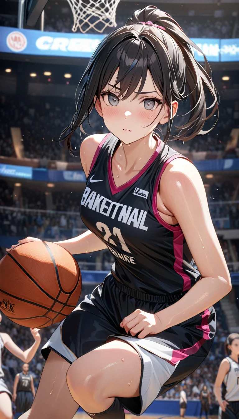 (((Best quality, 8k, Masterpiece: 1.3)), ((best quality)), ((masterpiece)), (detailed), perfect face, (female professional basketball player), ((dribbling)), in a basketball game, shiny sweat, (black hair,) Serious eyes concentrating on the game, Shows the whole body, ponytail