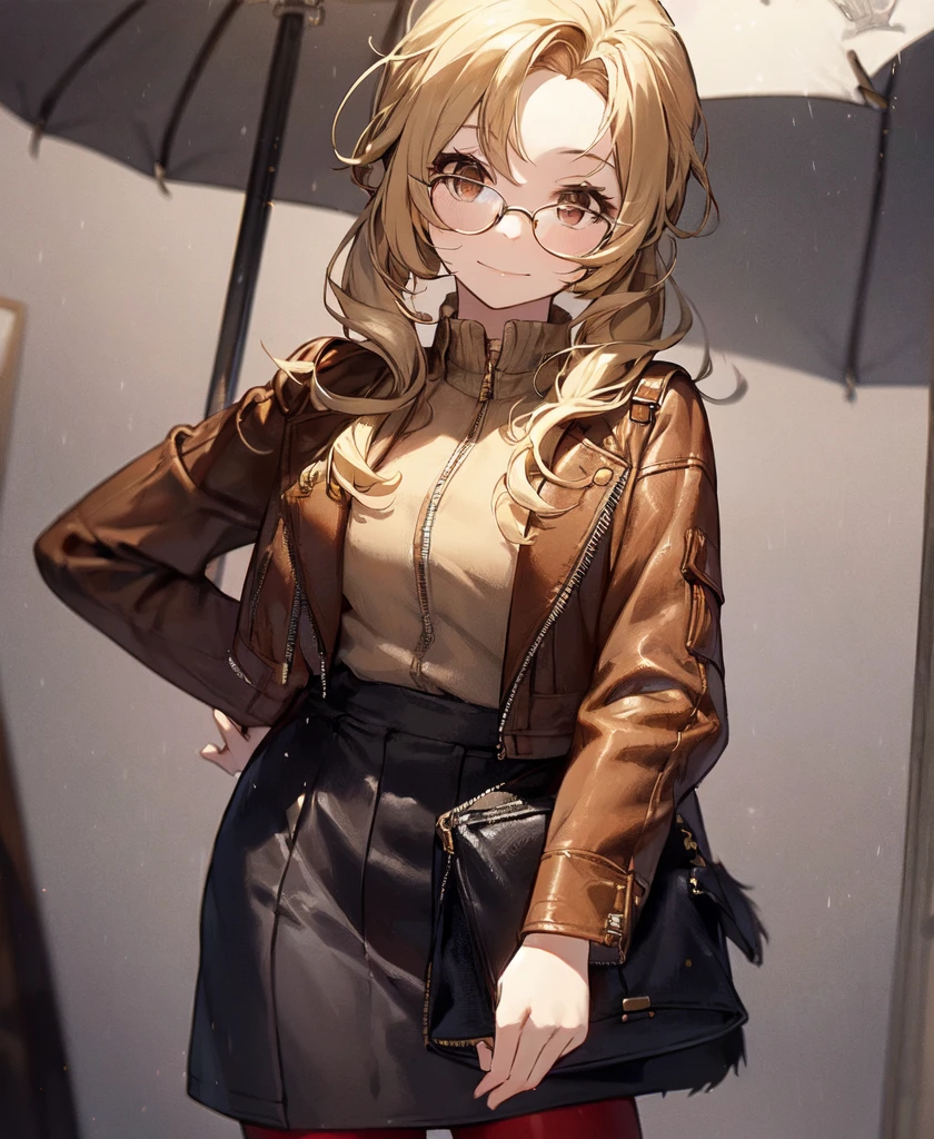 masterpiece, Concept Art, Close-up shot, Portraiture, Are standing, One girl, melania, Reverse 1999, Glasses, Long blonde hair, leather jacket, Black Skirt, (Red leggings), Background of the museum