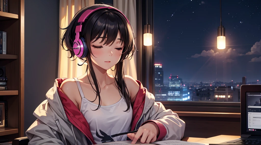 Girl with headphones enjoying music in a home I am studying Emphasize a little bit of the big chest Looking towards me with eyes closed Night Background