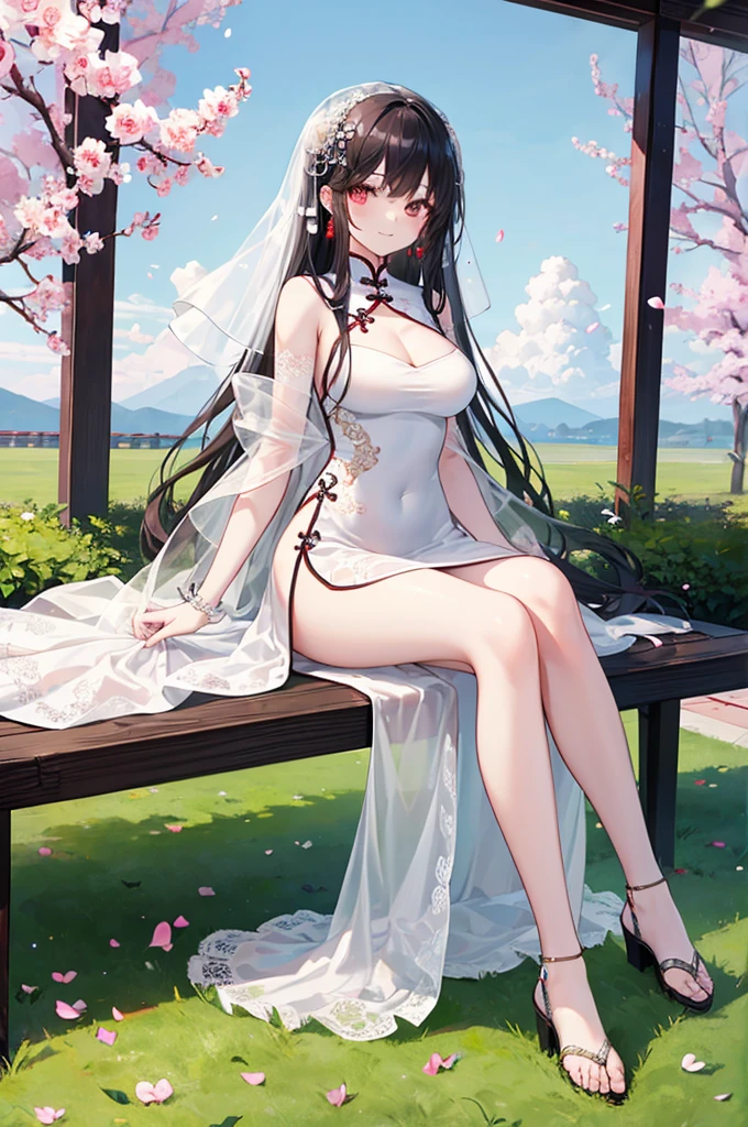 Beautiful Chinese girl，Wearing a crisp white wedding dress，（transparent），Black long hair，watcher，Upper Body，Sitting on the grass，Lovely，A slight smile on the face，Large bust，（Slim legs:10.0)，Peerless Beauty，Wearing Chinese ancient jade hairpin jewelry，Red leg