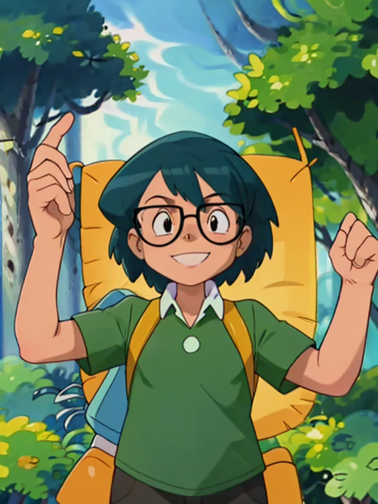 Max, solo, looking at viewer, shirt, 1boy, upper body, short sleeves, male focus, outdoors, teeth, collared shirt, bag, tree, backpack, , black-framed eyewear, green shirt, male childt,smile
