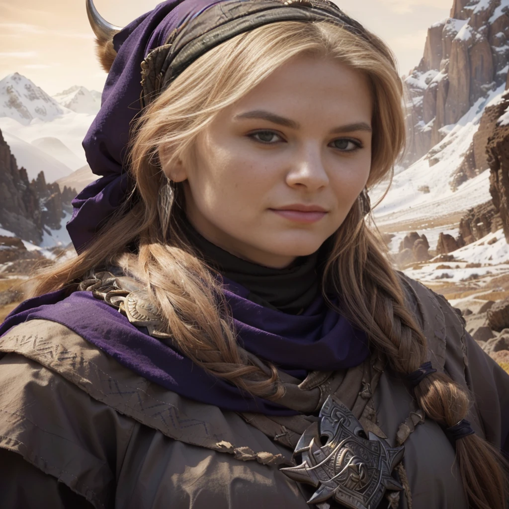 a portrait of a fierce 60 year Viking woman priestess, (head scarf),embodying bravery and resilience in a rugged landscape