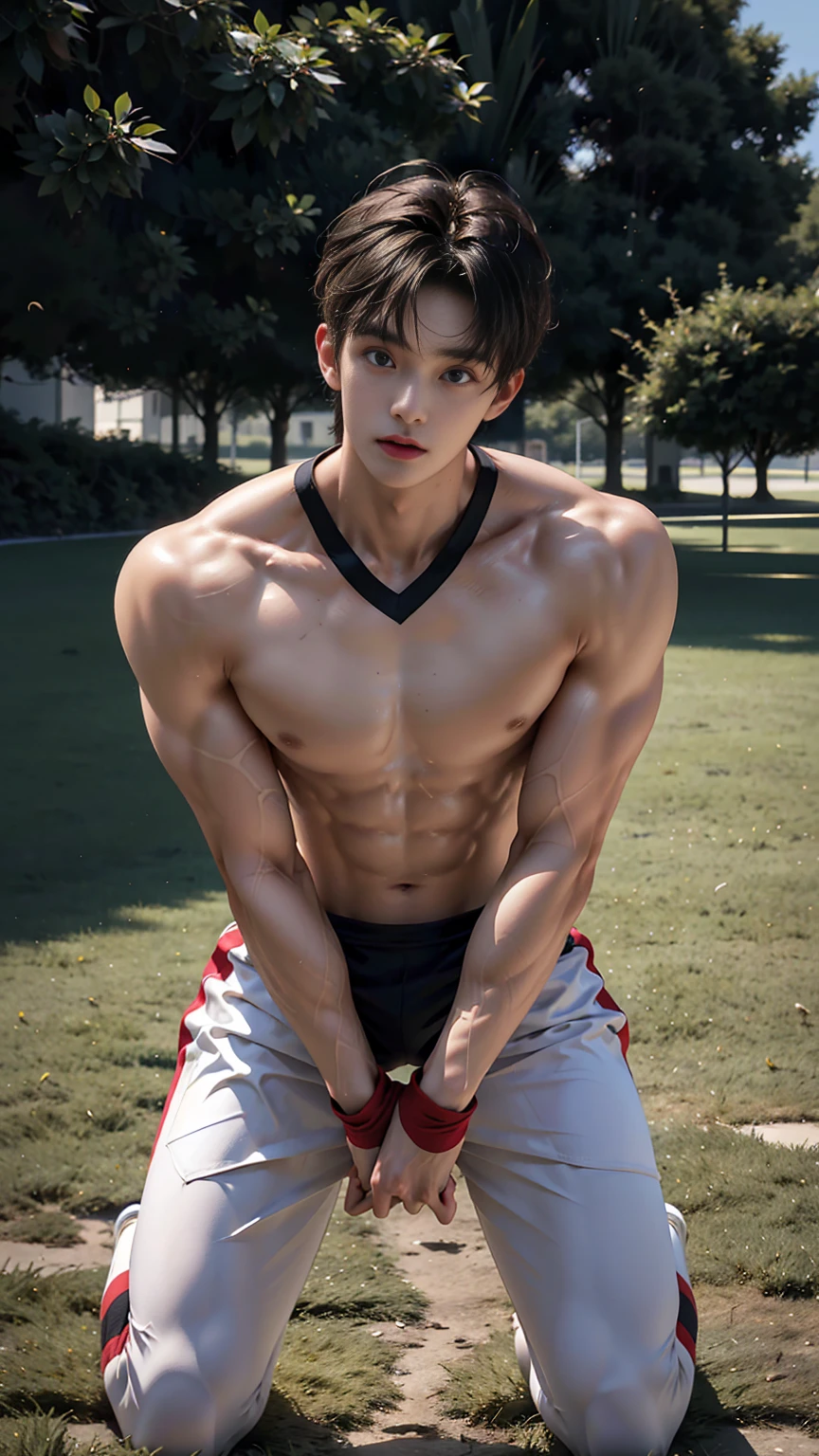 masterpiece,best quality,Frontal upward perspective,Stay away from the camera, (An 18-year-old tall boy:1.2), (Kneeling upright on the campus lawn:1.2),(Football Jersey),Broad shoulders,Muscular shoulders,(Extremely strong body),Muscular body,Fitness,Perfect body proportions,Inverted triangle figure,Biceps,Highlight muscle texture, Muscular body,Slender and toned legs,Small head,Handsome and cute face,V-Shaped Face,Perfectly detailed facial features,Looking at the camera,A serious and angry expression,leaning back,head tilt, happy, very short hair, brown hair,(looking at viewer:1.2),Vision