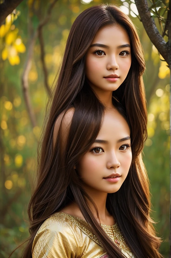 Generate an image of a beautiful Thaiwoman with the following features:
- Fair skin tone
- Long brown hair
- Brown eyes
- Appear as if she is from a fairy tale
The image should be a portrait-style composition showcasing the character's face, hair, and upper body--cw100