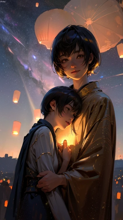 nsfw, Masterpiece, top quality, highly detailed, (Photorealistic style:1.4), Chiaroscuro style, backlighting,
2 girls, A lesbian couple in yukata, (Hug from behind, and put hand on chest:1.6),
looking at the camera with a smile,
A close-up of their beautiful faces,
(Lots of fireworks all over the sky,
Many Lanterns floating in the sky,
big shining milky way:1.4),